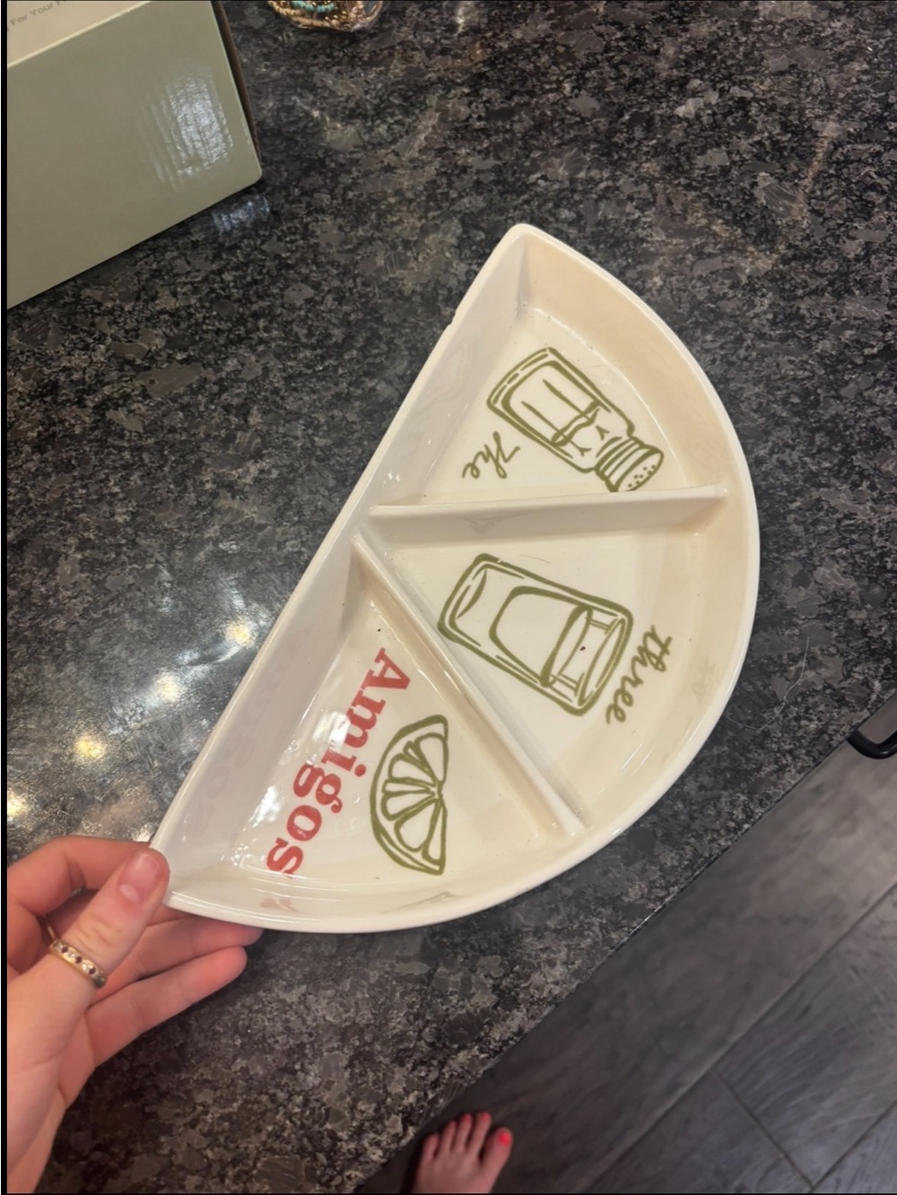 Brand New! Ceramic Divided Snack Plate - White with Olive Green & Red Accents